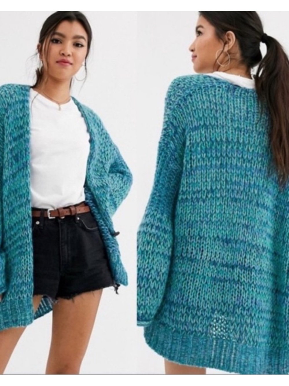 Free People Home Town Cardigan Chunky Teal & Blue Green Open-Front Size Medium